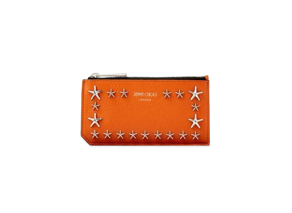 JIMMY CHOO CASEY Soft Grainy Calf Leather Card Case With Star Studs "Amber Orange"