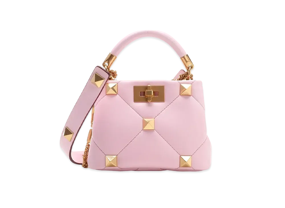 Valentino Roman Stud The Handle Bag 520 In Nappa "Pink Borealis"