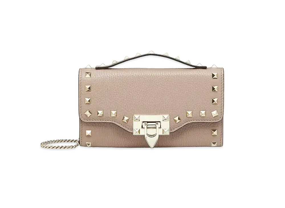 Valentino Rock Studs Grain Calfskin Chain Wallet "Powder"
