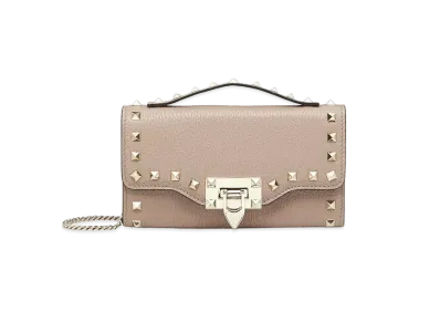 Valentino Rock Studs Grain Calfskin Chain Wallet "Powder"
