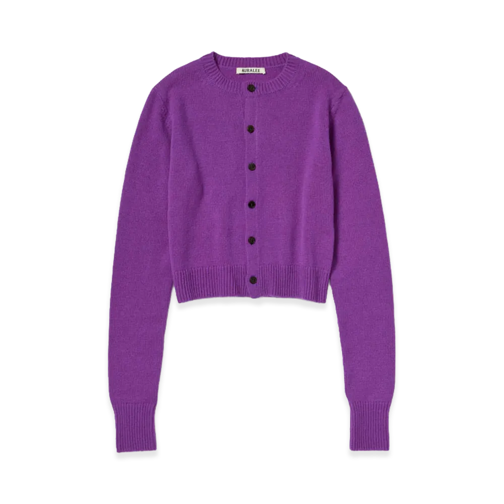 AURALEE Women's Light Cashmere Knit Crew-Neck Cardigan "Purple"