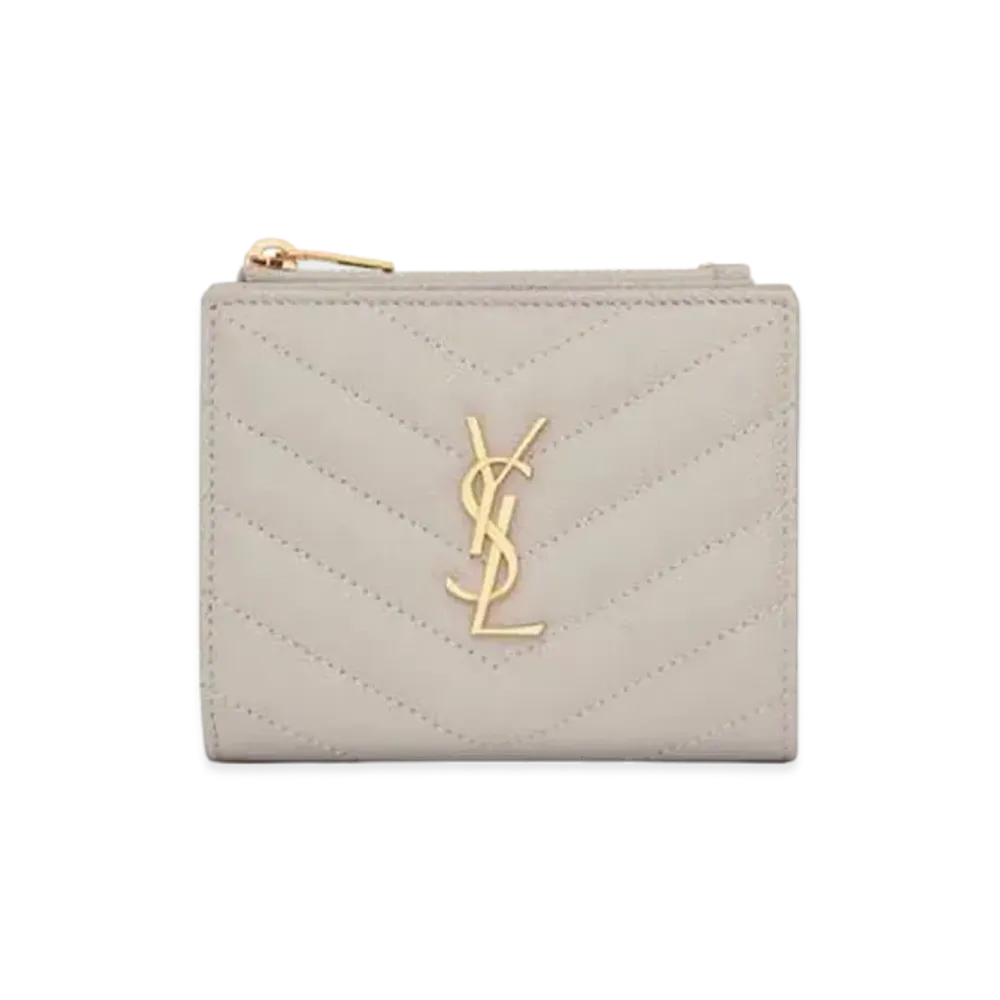 Saint Laurent Monogram Zipped Card Case In Grain De Poudre Embossed Leather "Vintage White"