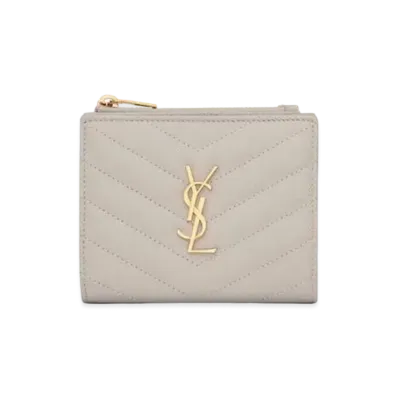 Saint Laurent Monogram Zipped Card Case In Grain De Poudre Embossed Leather "Vintage White"