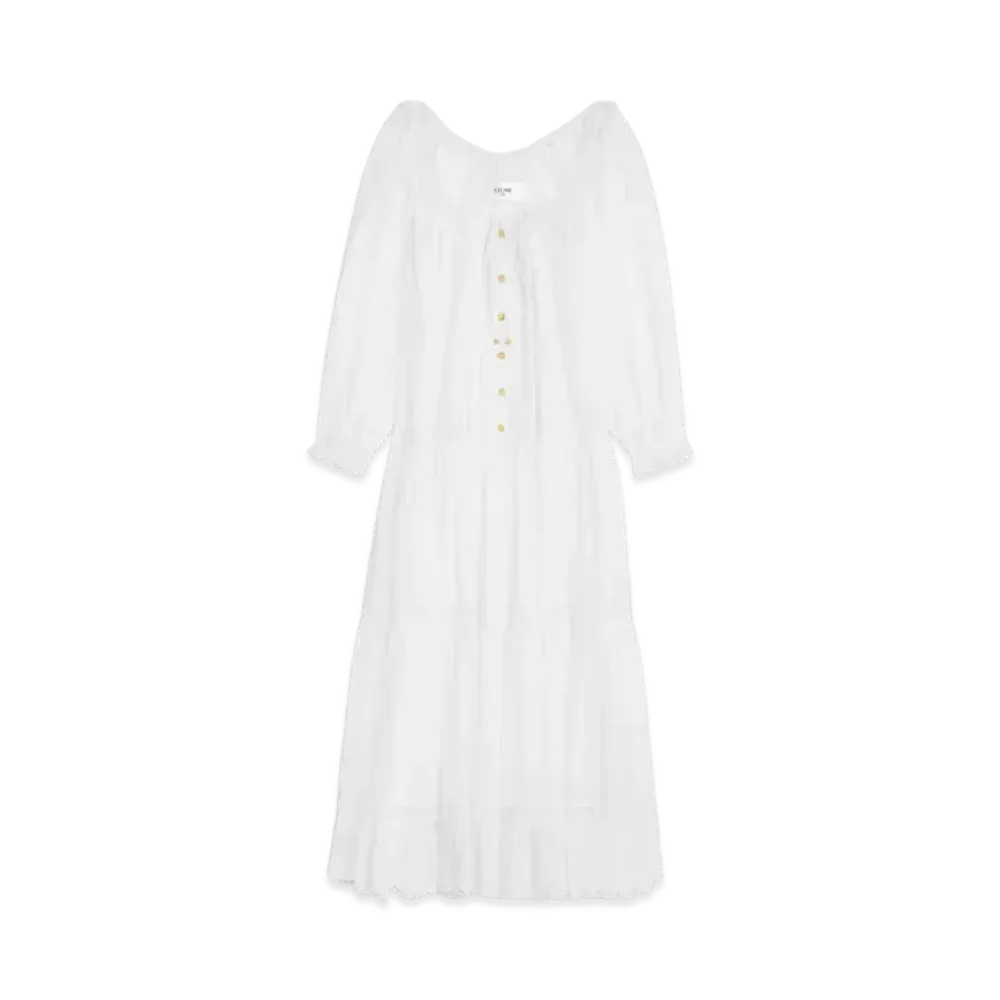 CELINE Women's Embroidered Folk Dress in Cotton Muslin "Craie"