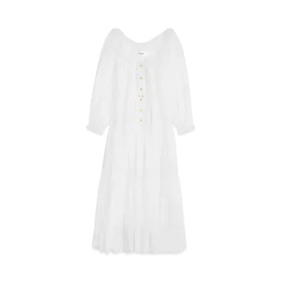 CELINE Women's Embroidered Folk Dress in Cotton Muslin "Craie"