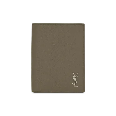 Saint Laurent Tiny Cassandre Credit Card Wallet In Grained Leather "Dark Khaki"