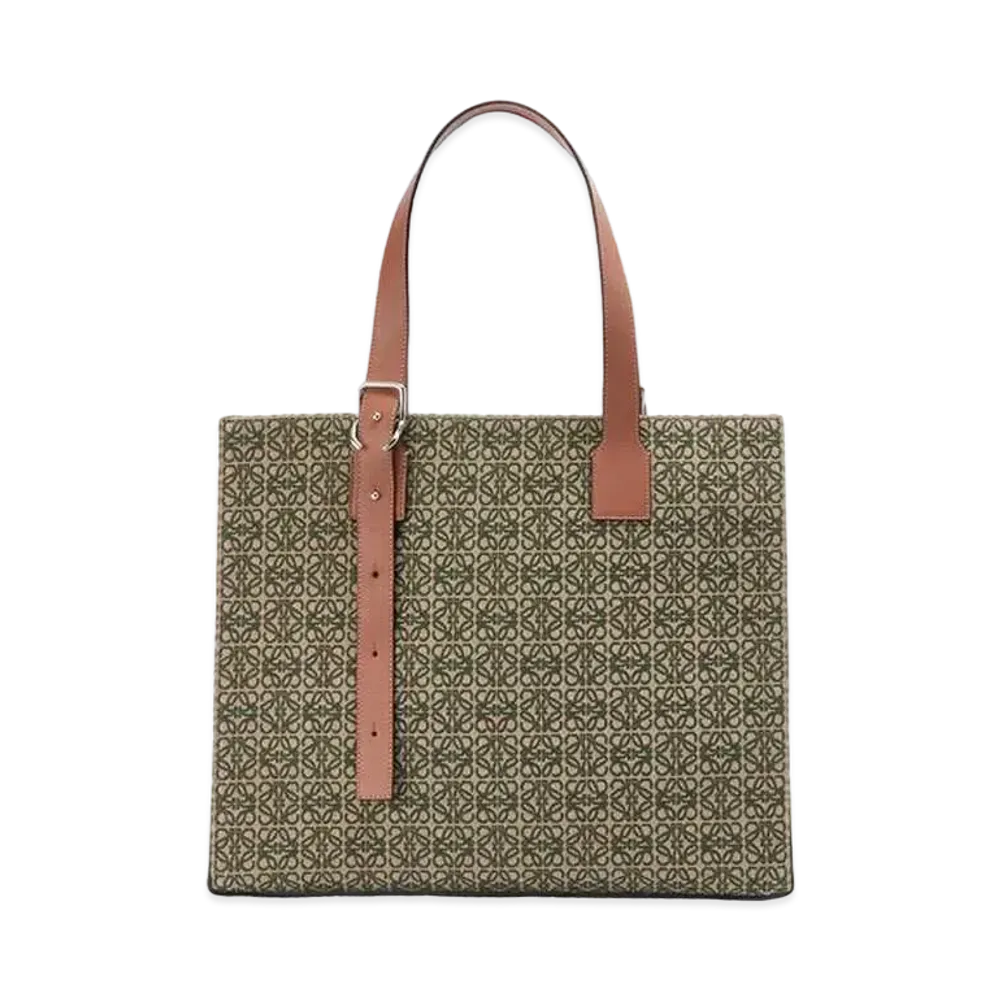LOEWE Buckle Horizontal Tote In Anagram Jacquard and Calfskin "Khaki Green/Tan"