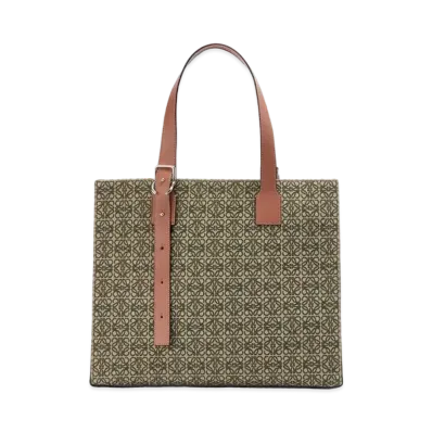 LOEWE Buckle Horizontal Tote In Anagram Jacquard and Calfskin "Khaki Green/Tan"