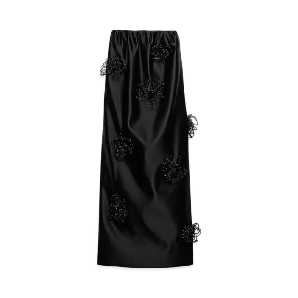 PRADA Women's Long Embroidered Double Satin Skirt "Black"