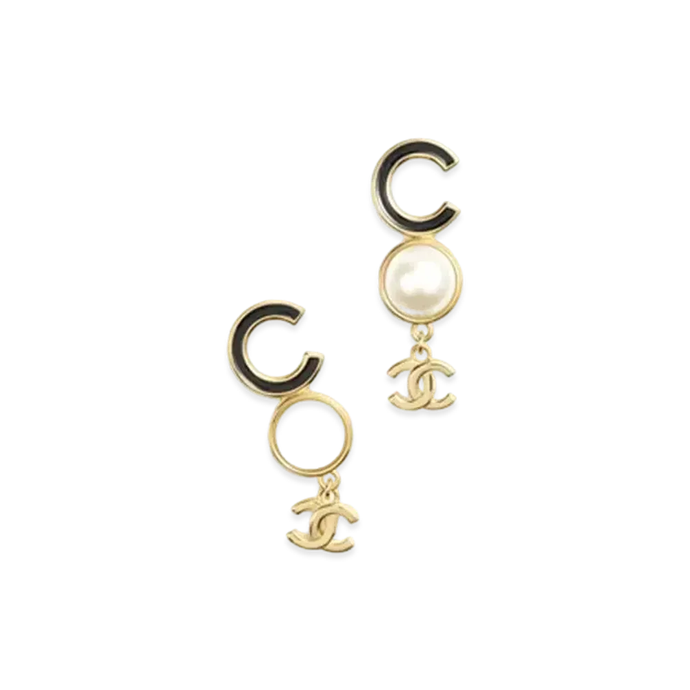 CHANEL Pendant Earrings Metal & Resin "Gold/Black/Pearly White"