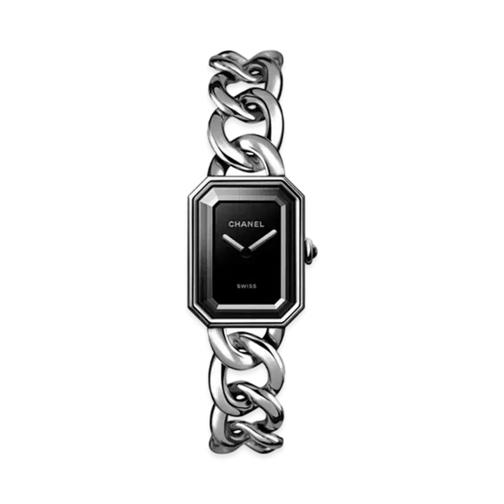 CHANEL Premiere Gourmette Chain Watch Large Version Steel Lacquered Dial "Black"