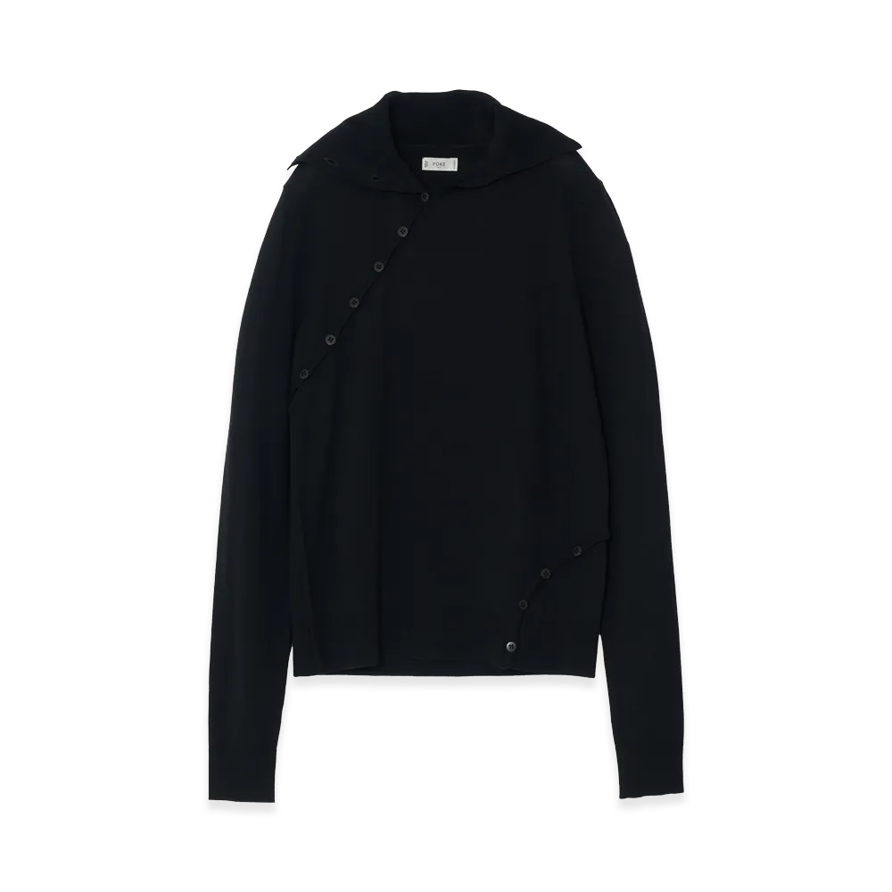 YOKE Super120's Wool Button Line Knit Top "Black"