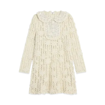 CELINE Women's Embroidered Mini Dress in Crocheted Cotton "Off White"