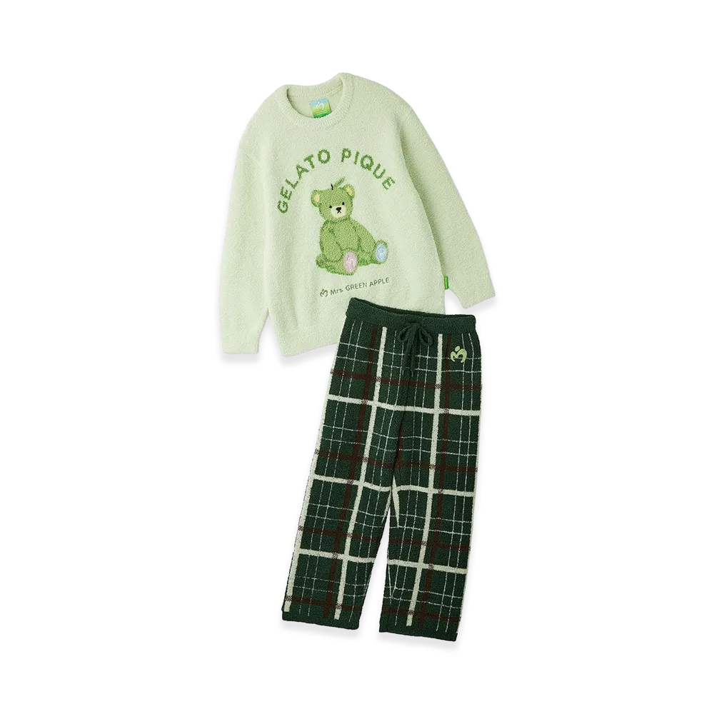 GELATO PIQUE x Mrs. GREEN APPLE Powder Jacquard Pullover & Baby Moco Check Long Pants Set "Green"