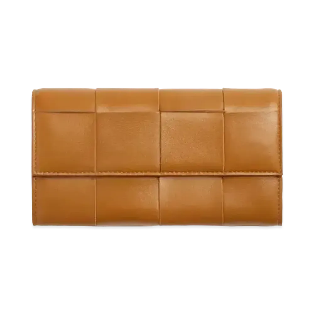 Bottega Veneta Casette Maxi Intrecciato Lambskin Flap Long Wallet "Camel"