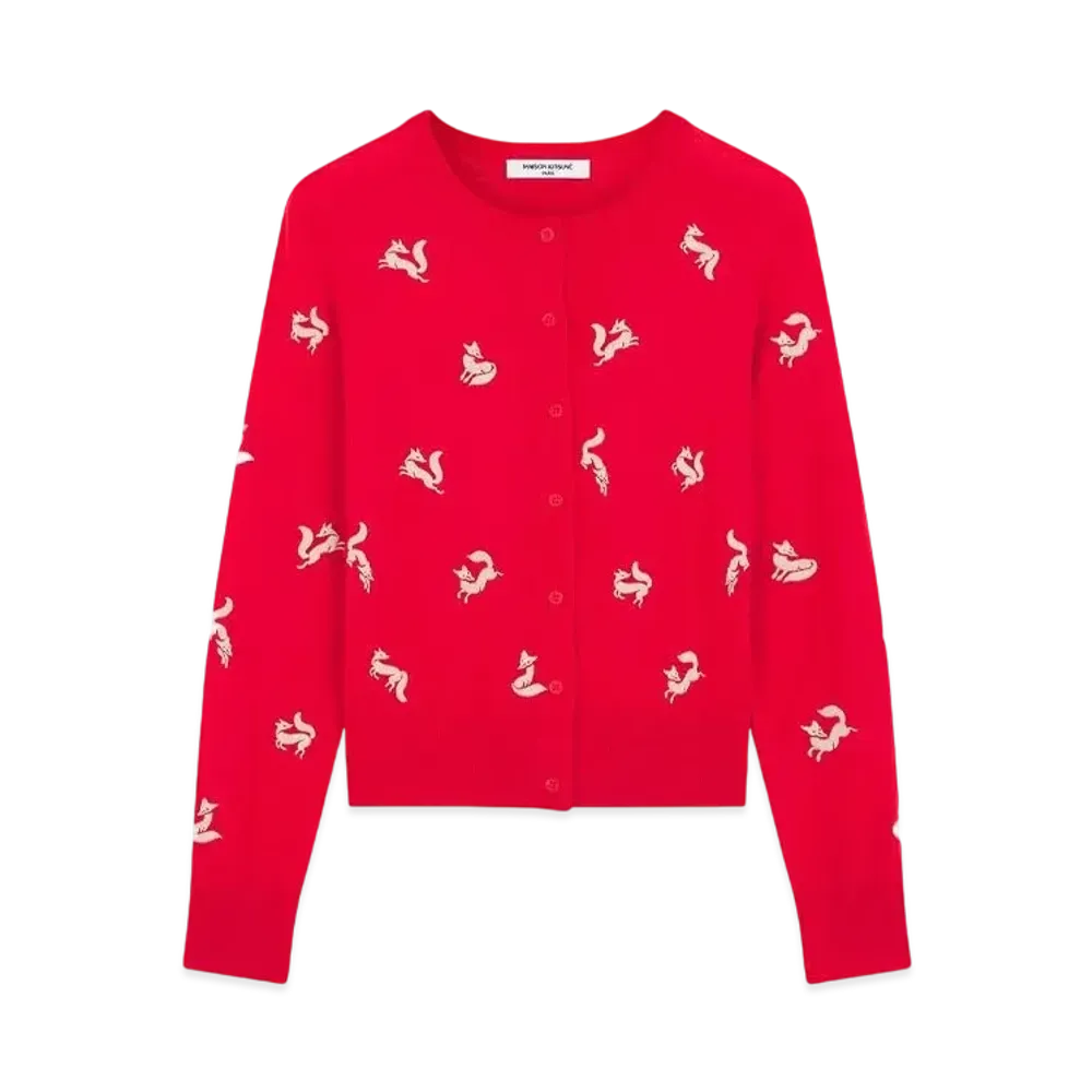 Maison Kitsune Fancy Fox Embroidered Cardigan "Wild Strawberry"