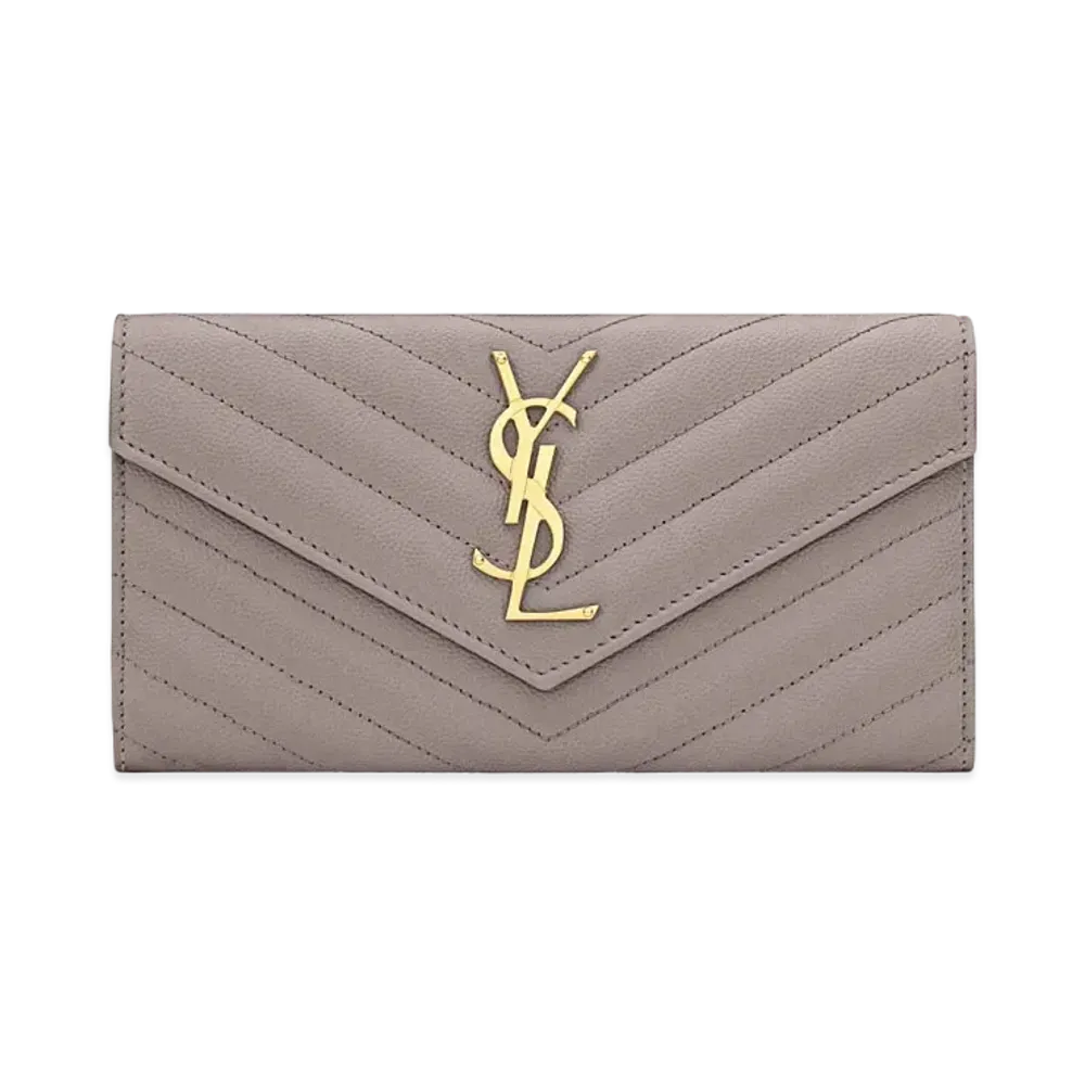 SAINT LAURENT Monogram Large Flap Wallet In Grain De Poudre Embossed Leather "Fog"