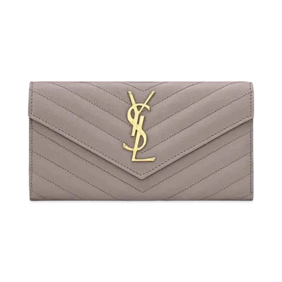 SAINT LAURENT Monogram Large Flap Wallet In Grain De Poudre Embossed Leather "Fog"