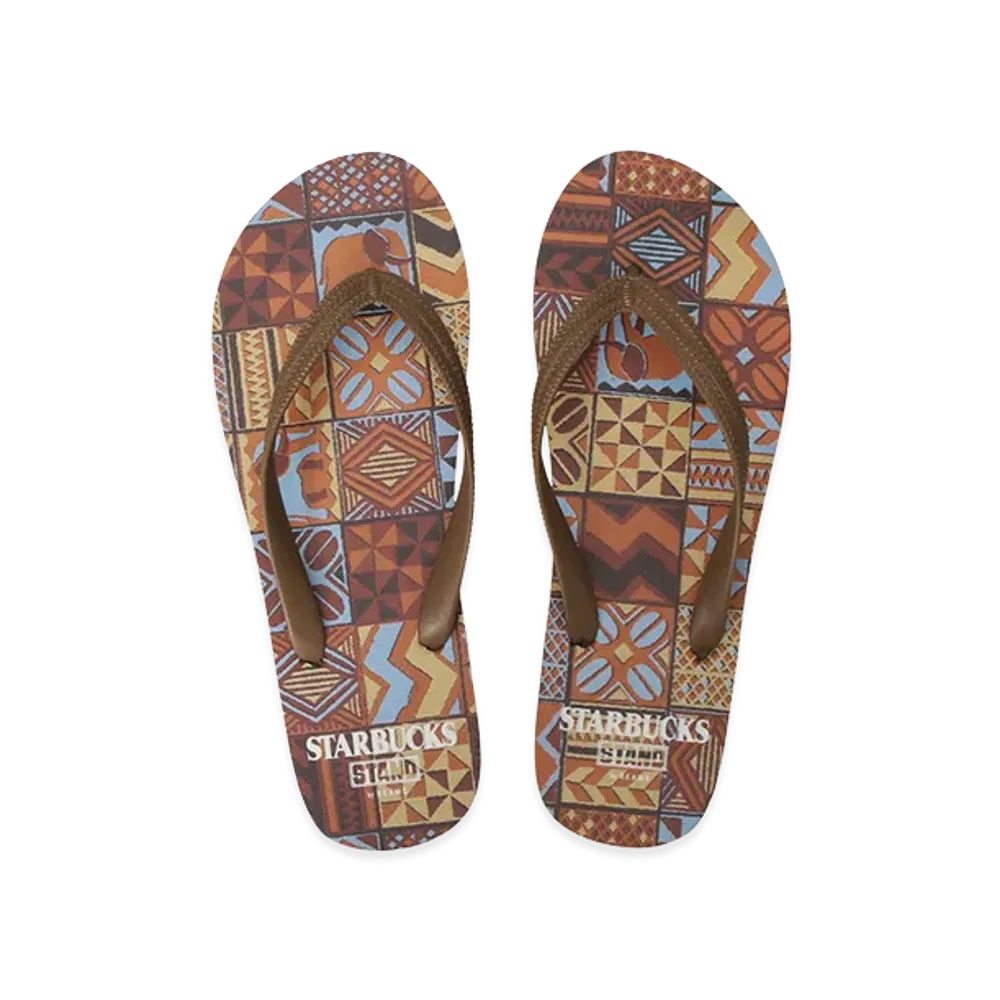 STARBUCKS STAND by BEAMS All-Over Print Flip-Flops "Brown"