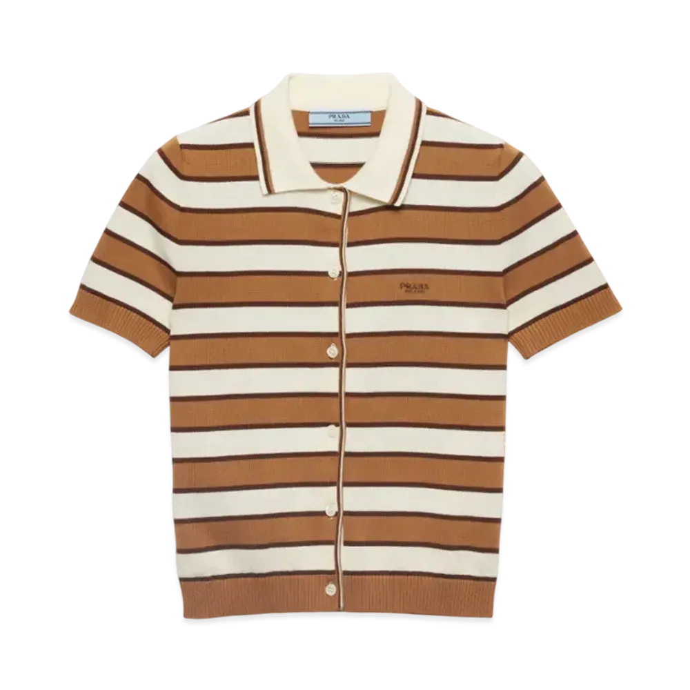 PRADA Women's Short-Sleeved Striped Cotton Cardigan "Camel/Beige"