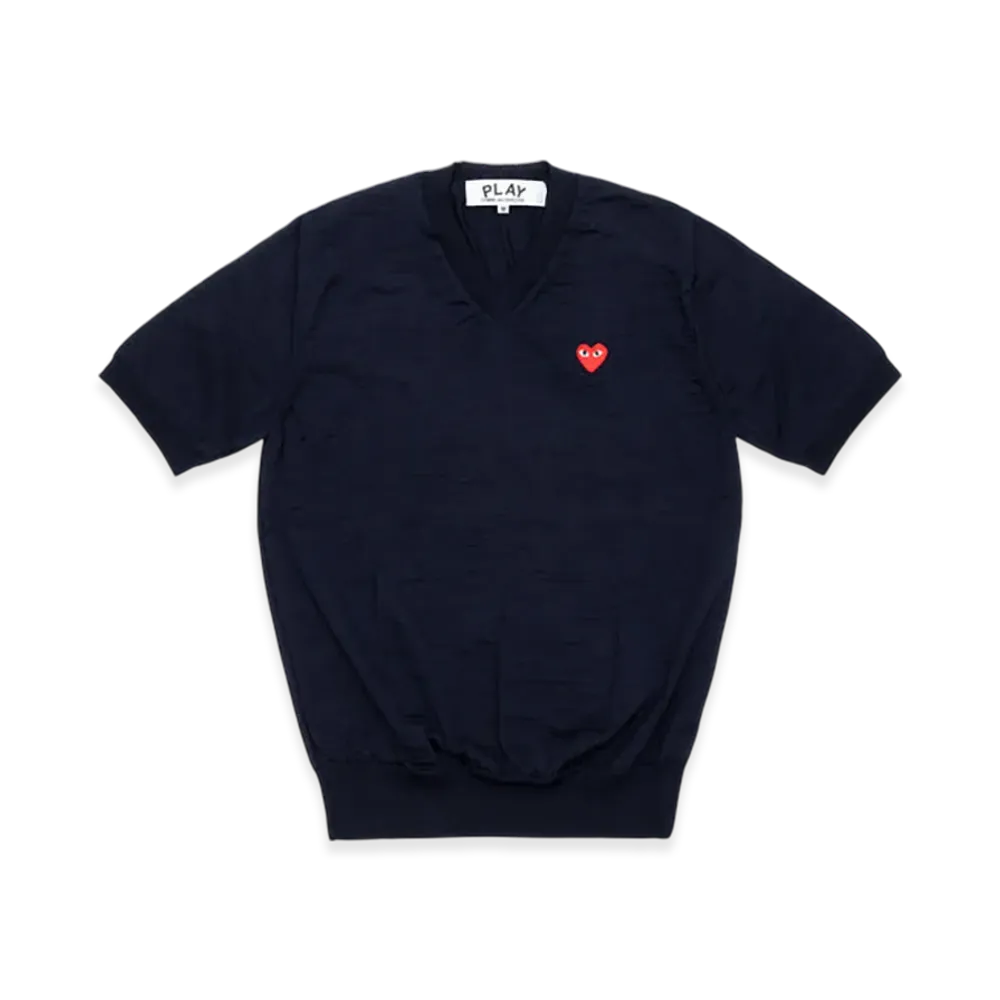 PLAY COMME des GARCONS V-Neck Short Sleeve Sweater With Red Medium Emblem "Navy"