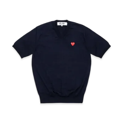 PLAY COMME des GARCONS V-Neck Short Sleeve Sweater With Red Medium Emblem "Navy"