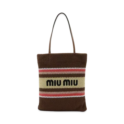 MIU MIU Women's Embroidered Crochet Shopping Bag "Stripped"