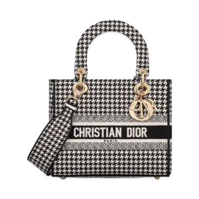Dior Medium D-Lite Lady Bag Hound Tooth Embroidery "Black/White"