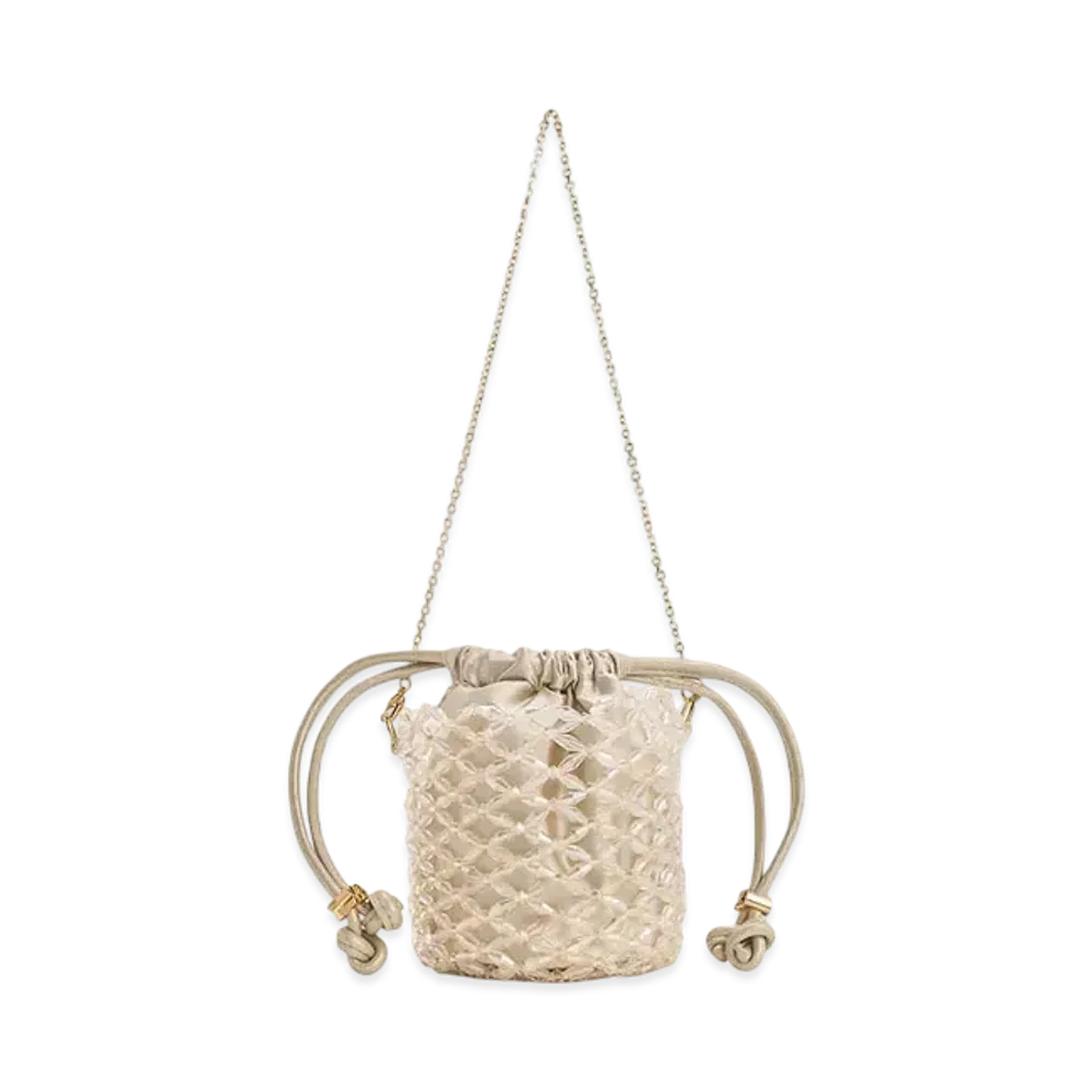 CHARLES & KEITH Beaded Chain Handle Bucket Bag "Champagne"
