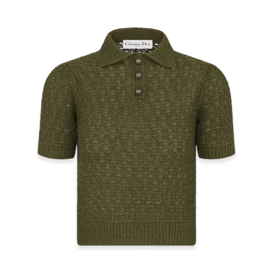 Dior Women's Macrocannage Polo Shirt Alpaca Cashmere Silk Openwork Knit "Khaki"