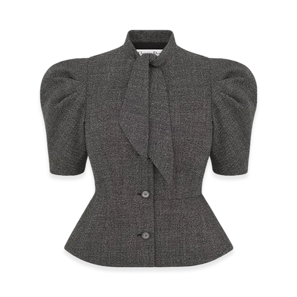 Dior Women's Virgin Wool Tweed Fitted Jacket with Tied Neckline "Gray"