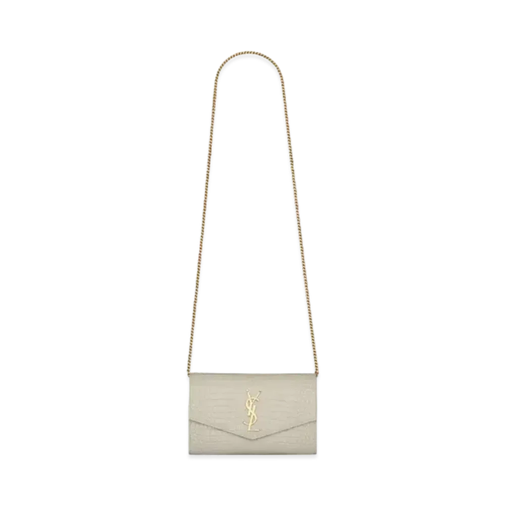 Saint Laurent Uptown Chain Wallet In Crocodile-Embossed Shiny Leather "Vintage White"