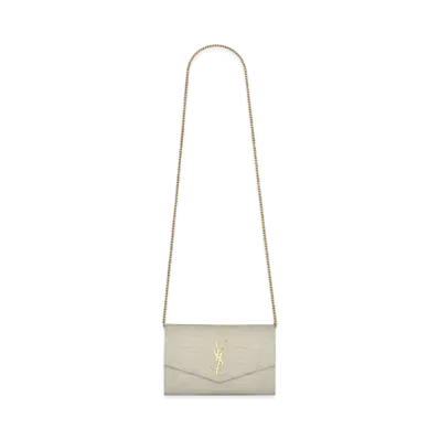 Saint Laurent Uptown Chain Wallet In Crocodile-Embossed Shiny Leather "Vintage White"