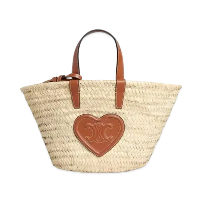 CELINE Teen Triomphe Celine Classic Panier In Palm Leaves With Calfskin Heart Patch "Tan"