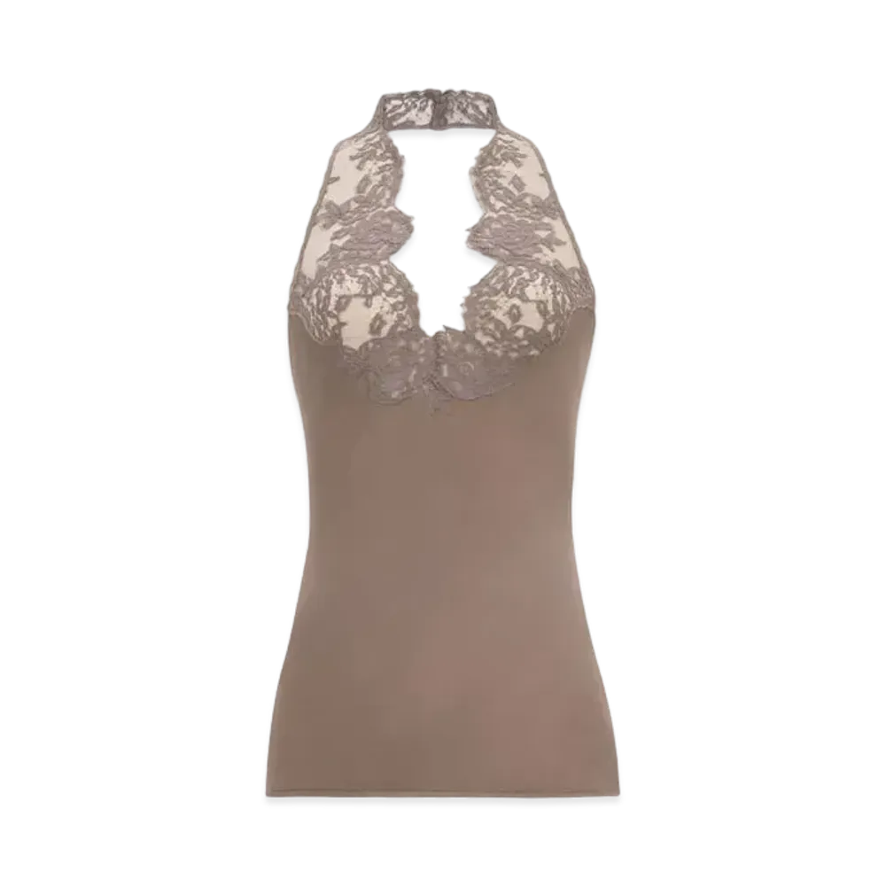 Saint Laurent Women's Halter Top in Silk Charmeuse and Lace "Marron"