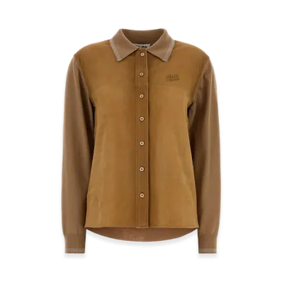 MIU MIU Women's Wool and Suede Cardigan "Camel"