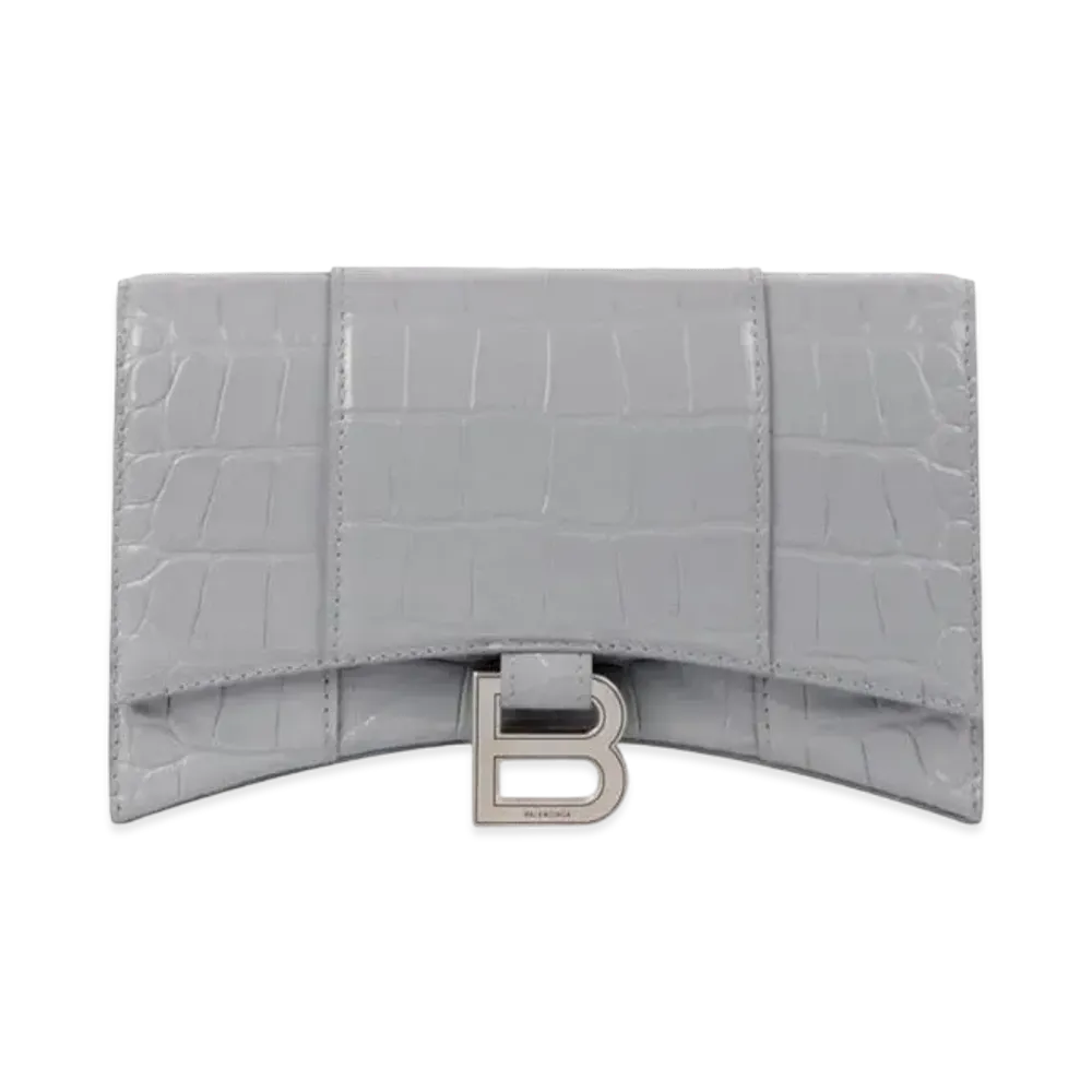 BALENCIAGA Hourglass Wallet With Chain Crocodile Embossed "Gray"