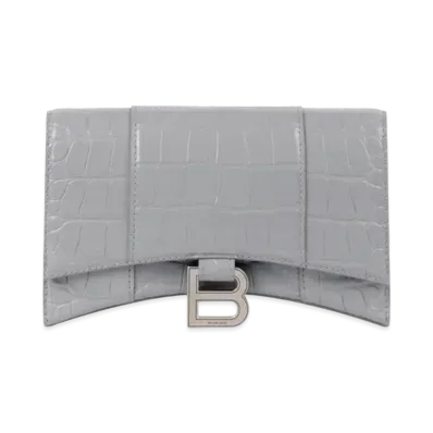 BALENCIAGA Hourglass Wallet With Chain Crocodile Embossed "Gray"