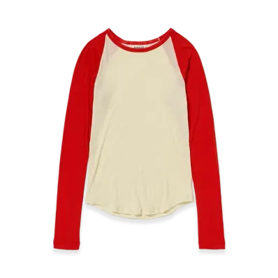 AURALEE Women's Super High Gauge Sheer Rib Raglan P/O "Ivory/Red"