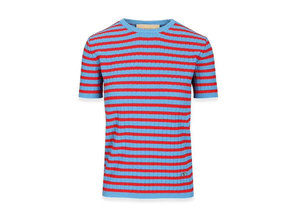 Valentino Women's Ribbed And Striped Cotton T-Shirt "Blue"