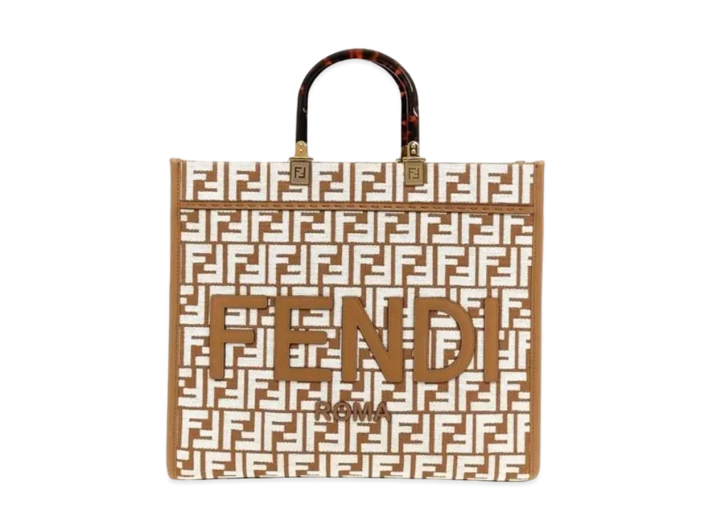 FENDI Sunshine Medium Raffia Shopper Bag Tapestry Fabric FF Motif "White"