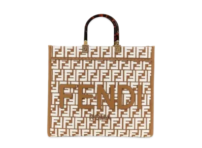 FENDI Sunshine Medium Raffia Shopper Bag Tapestry Fabric FF Motif "White"