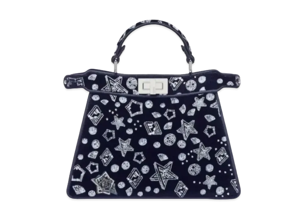 FENDI Peekaboo ISeeU Small Carpet Woven Embroidery Fabric Bag "Midnight Blue"