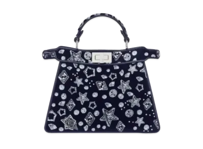 FENDI Peekaboo ISeeU Small Carpet Woven Embroidery Fabric Bag "Midnight Blue"