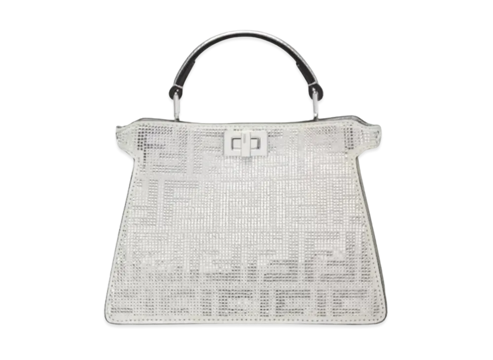 FENDI Peekaboo ISeeU Petit Leather Bag Crystal FF Motif "Silver"