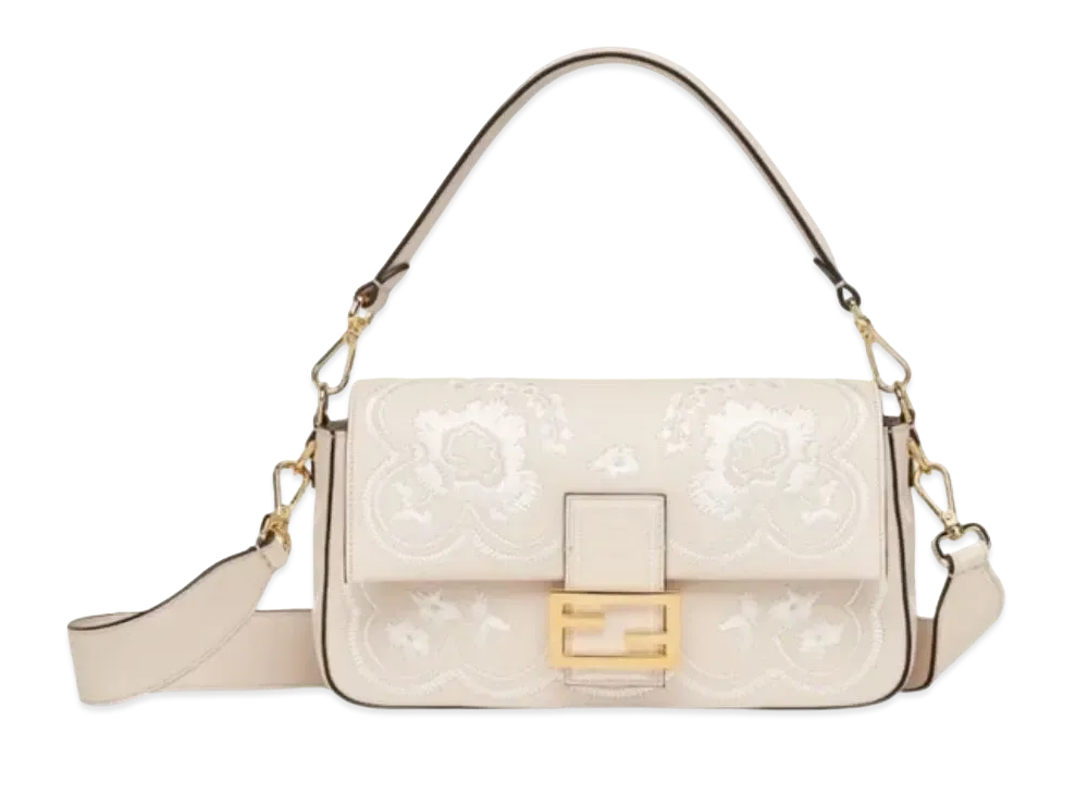 FENDI Baguette Leather Bag Floral Embroidery "Camelia"