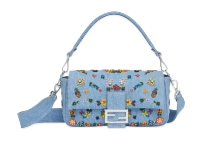 FENDI Baguette Denim Re-Edition Bag Flower Embroidery "Light Blue"