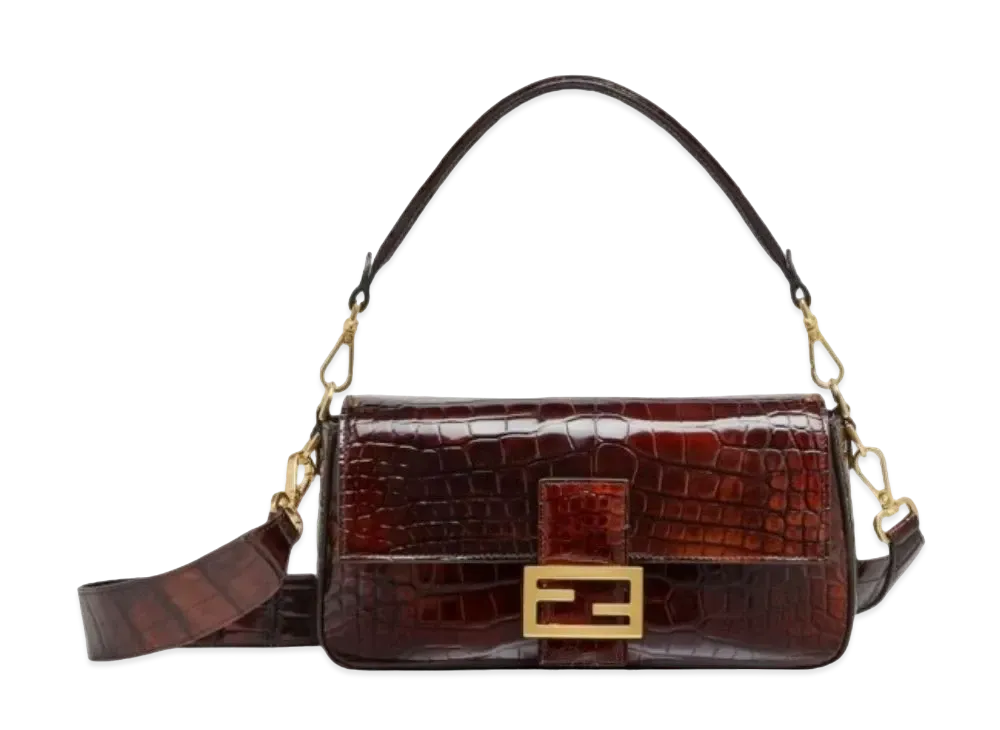 FENDI Baguette Tortoiseshell Effect Crocodile Leather Bag "Dark Brown"