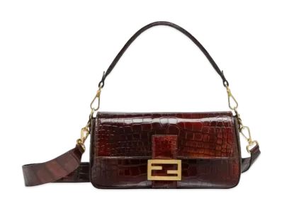 FENDI Baguette Tortoiseshell Effect Crocodile Leather Bag "Dark Brown"