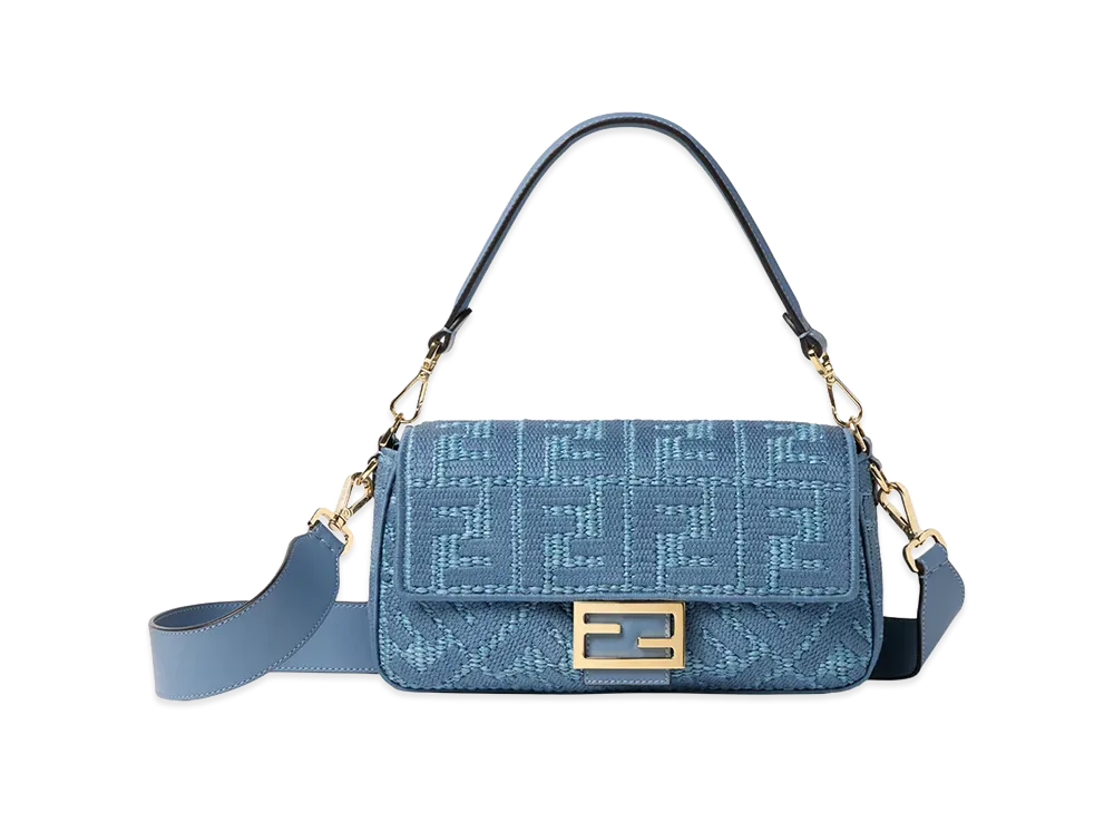 FENDI Women's Baguette Bag in Woven Raffia With FF Embroidery "Blue"
